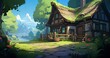 the house is an example of an animated animation, in the style of american scene painting, fairy academia, detailed character design, cottagepunk, detailed skies, cranberrycore, 2d game art