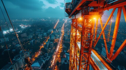 Construction tech of tomorrow, mobile crane, night city lights, ultra-detail