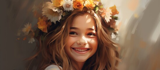 Wall Mural - A beautiful artistic depiction featuring a young girl wearing a crown made of delicate flowers on her head