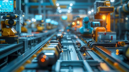 Poster - Detailed depiction of advanced sensors and detectors in a high-tech factory setting