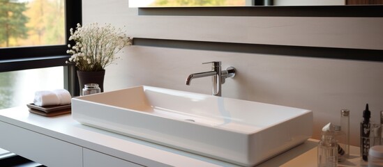 Canvas Print - A simple, white sink is placed on top of a counter within a bathroom, creating a clean and sleek look