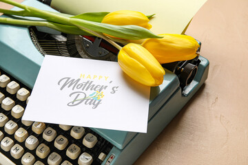 Wall Mural - Beautiful composition with vintage typewriter, tulips and postcard for Women's day on beige background