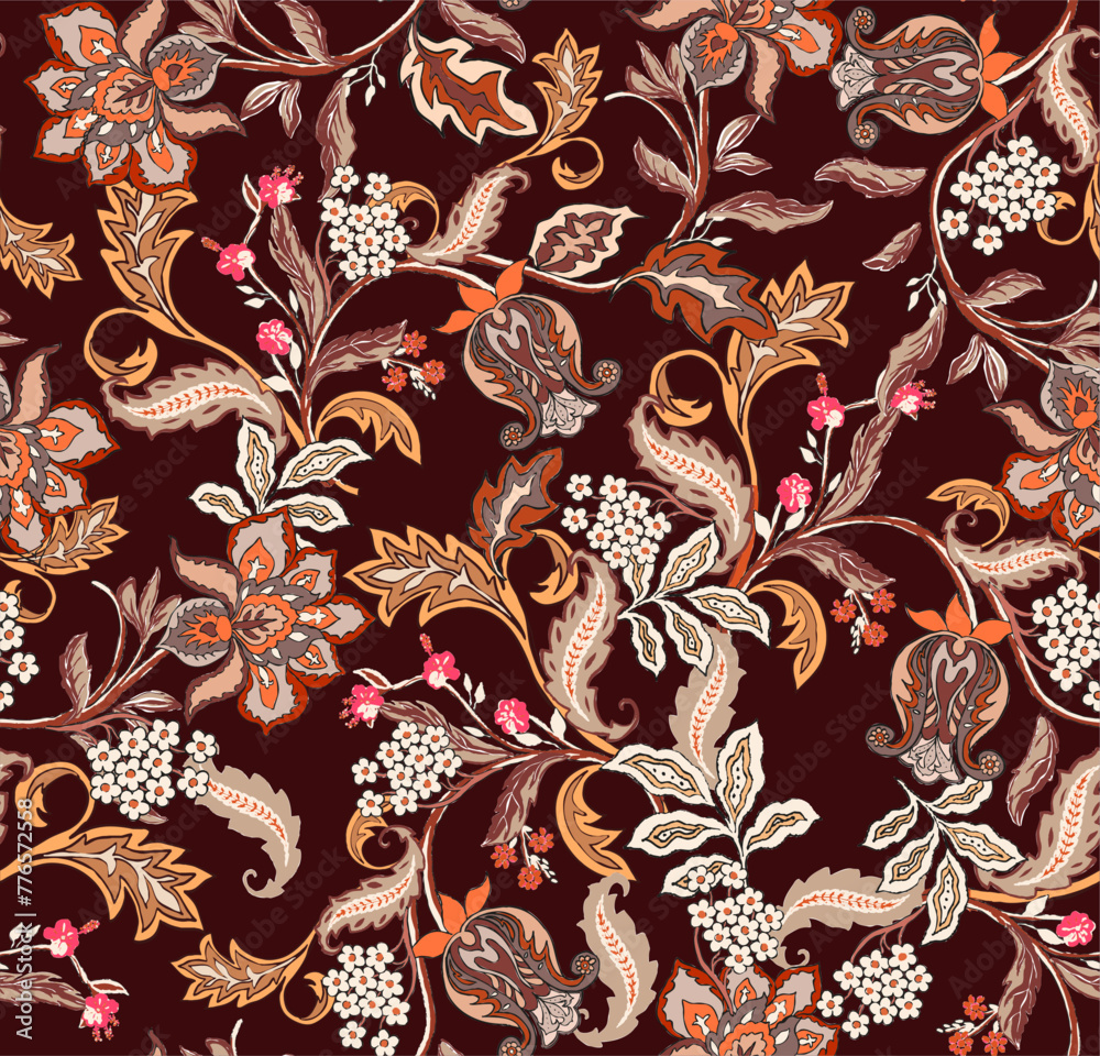 Colorful asian style floral pattern. Dark background floral tapestry ...