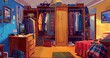 The room of the boys' apartment, there are wardrobes, clothes, cloakrooms, 2d games partial realistic art style