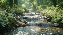 The Soothing Sound Of Water Trickling Over Rocks In A Babbling Brook Along The Pathway