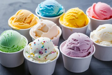 Wall Mural - Assorted ice cream flavors in paper cups on a grey background.