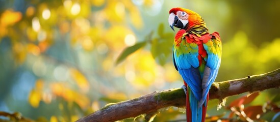 Wall Mural - Vibrantly colored parrot sitting on a branch amidst the lush green leaves of a tree