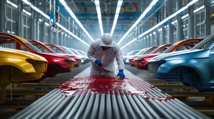 Aufkleber - a man is working on a car in a factory, focusing on tires, wheels, automotive lighting, and design. 