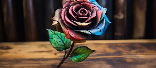 Poster - A red rose is placed on top of a wooden table in a simple and elegant setting