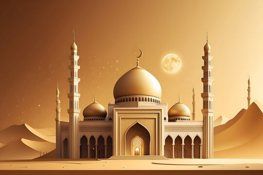 Eid al-Adha Mubarak! A flat golden-coloured mosque against a background, celebrating the Islamic festival.