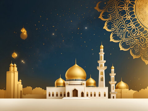 Eid al-Adha Mubarak! A flat golden-coloured mosque against a background, celebrating the Islamic festival.