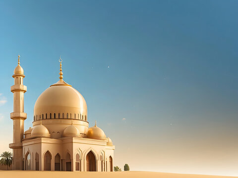 Eid al-Adha Mubarak! A flat golden-coloured mosque against a background, celebrating the Islamic festival.
