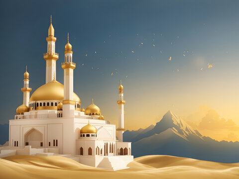 Eid al-Adha Mubarak! A flat golden-coloured mosque against a background, celebrating the Islamic festival.