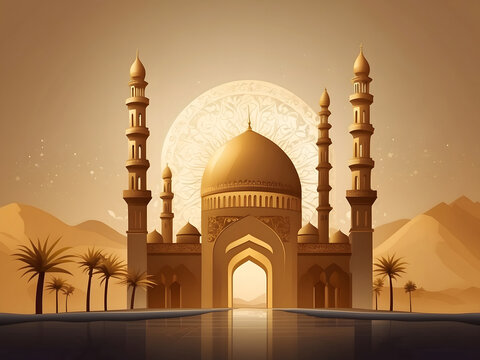 Eid al-Adha Mubarak! A flat golden-coloured mosque against a background, celebrating the Islamic festival.
