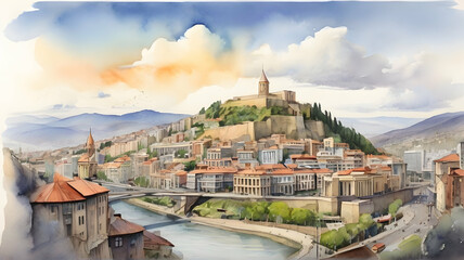 Wall Mural - Tbilisi city Georgia watercolor art