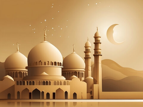 Eid al-Adha Mubarak! A flat golden-coloured mosque against a background, celebrating the Islamic festival.