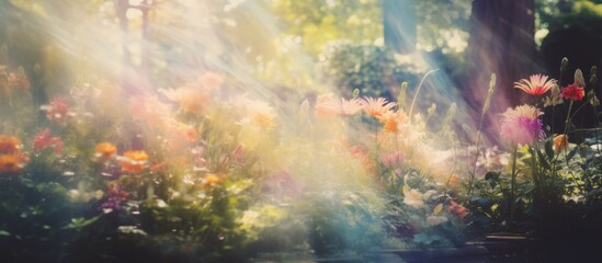 Poster - Golden sunlight filters through a colorful array of blossoming flowers in a lush garden filled with tall trees and greenery