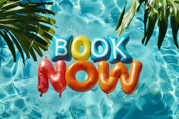 Sticker - Summer vacation Book now message. Pool floats in a holiday swimming pool