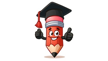 Wall Mural - Happy cartoon pencil character wearing a graduation cap.