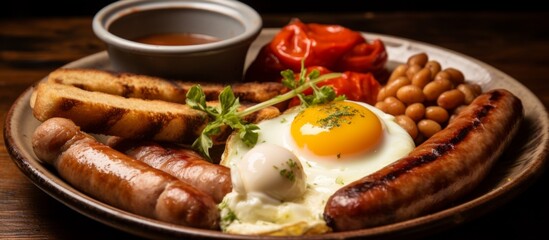 Poster - Arrangement of sausage, eggs, beans, and tomatoes on a plate for a hearty meal