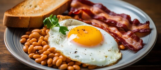 Wall Mural - Delicious breakfast plate consisting of scrambled eggs, baked beans, crispy bacon, and toasted bread slices