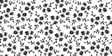 Black White Simple Vector Floral Pattern. Flowers With Leafs. Chrysanthemums And Daisies With Leaves Ornament.