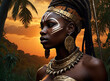 African woman with black hair and golden necklace. 3D rendering.