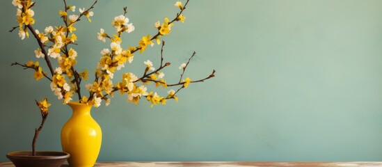 Poster - Yellow vase containing a variety of flowers placed gracefully on a wooden table