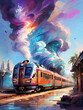 Digital painting of a train on a city street at sunset. Digital illustration.
