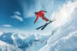 Professional skier performing aerial trick off snow ramp against blue sky and snowy mountain landscape, extreme winter sports action photography