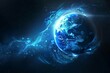 Glowing blue planet earth with shimmering energy waves in dark space, science fiction digital illustration