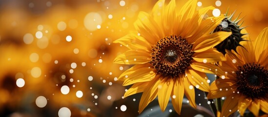 Canvas Print - Two vibrant sunflowers with large yellow petals and green stems are standing upright in the midst of falling raindrops