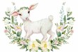 Cute baby lamb jumping over a watercolor floral wreath, spring illustration