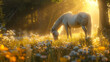 Unicorn grazing in a sunlit meadow