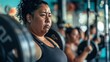 a powerful image of fat women lifting weights in a gym, their faces focused and determined, highlighting strength, empowerment, and the challenge of personal goals within a supportive community.