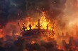 Medieval King's Crown Engulfed in Fire and Smoke, Concept of Power and Destruction, Digital Painting