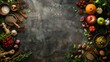 Assortment of fresh ingredients on dark surface - A variety of fresh produce and spices artistically displayed on a dark, rustic kitchen backdrop, evoking culinary creativity