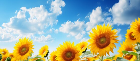 Wall Mural - Vivid sunflowers stretch across a vast field under a picturesque clear blue sky, radiating warmth and beauty