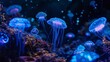 Shades of neon and electric blue illuminate a darkened world of bioluminescent organisms.