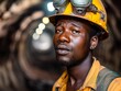 A male young African mine worker wearing protective clothing at a coal mine or mining.