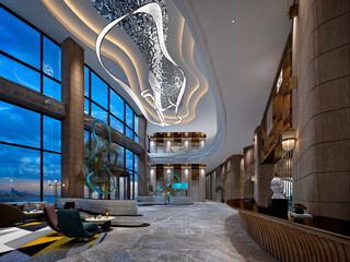 3d render of luxury hotel entrance lobby reception