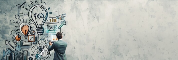 Poster - Man sketching business strategy on wall - Back view of a businessman drawing a vibrant conceptual business strategy chart with various symbols on a white wall