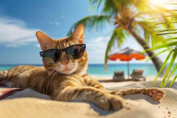 Wall Mural - A cat wearing sunglasses is laying on the beach. Summer heat concept