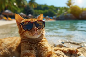 Wall Mural - A cat wearing sunglasses is laying on the beach. Summer heat concept