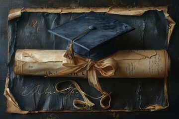 Wall Mural - A black graduation cap is on top of a scroll of paper