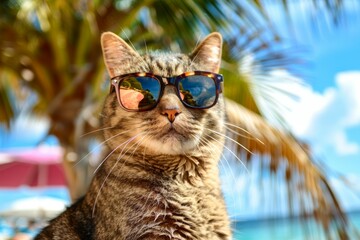 Wall Mural - A cat wearing sunglasses and standing in front of a palm tree. Summer heat concept