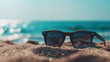 Photo through polarized sunglasses. Summer vibes. Sun, sea, beach. Background with copy space. Generative AI