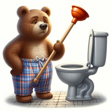 Unhappy Cartoon Mascot Bear Animal Plumber Handyman Wearing Pajamas Ready Holding A Sink Plunger Looking Down At A Toilet Tank And Repairs Fix Clean Pipes Work & Sewerage At Home For Plumbing Company.