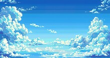 Video Game Blue Sky, Pixel Art, 16 Bit, Clouds Background Sheet, Sky With Clouds, 8 Bit, Design Retro, Sky 2d Gam,e Background, Big Pixel, No Details