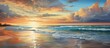 Vivid artwork depicting a serene sunset scene above the tranquil ocean, adorned with fluffy clouds